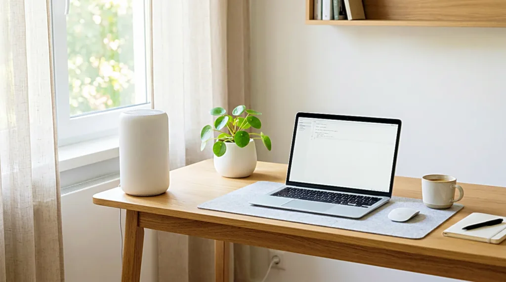 Minimal desk setup with a white noise speaker beside a laptop for studying