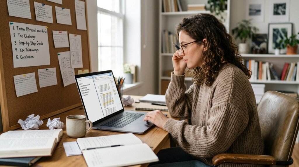 Creator shaping an article draft from a simple blog outline