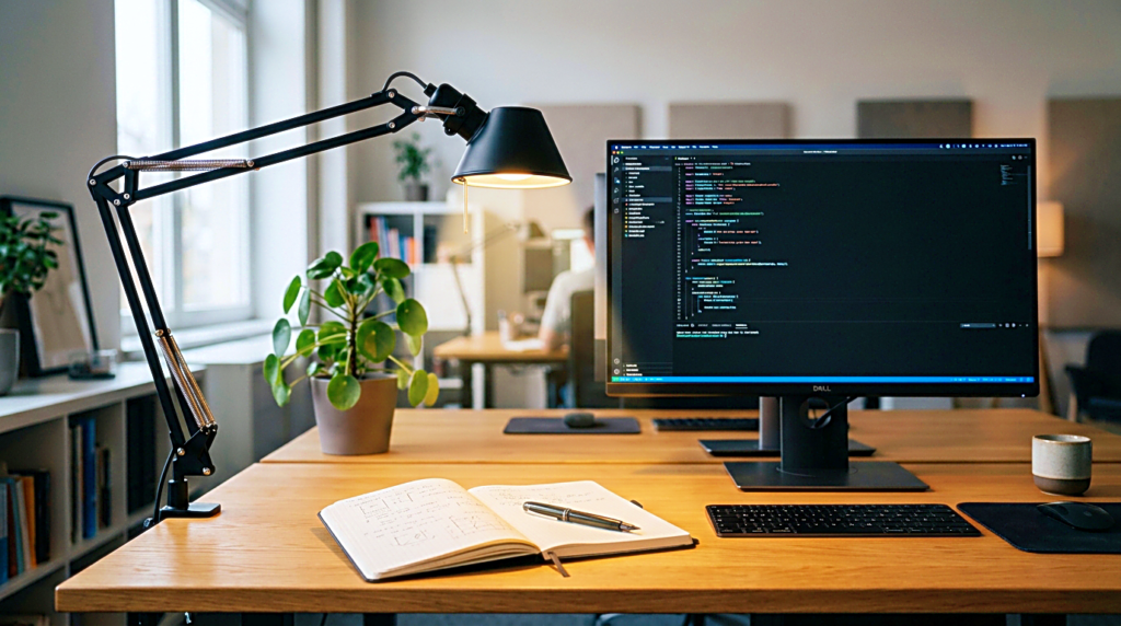 Adjustable desk lamp aimed at a notebook beside a monitor to reduce screen glare