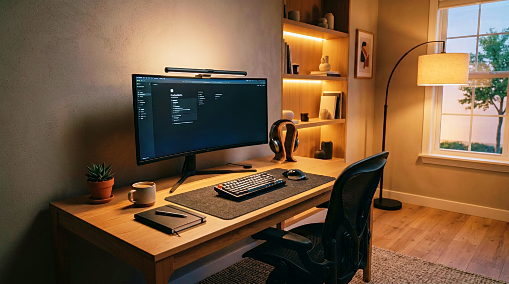 Minimal home office desk with monitor light bar and warm ambient room lighting