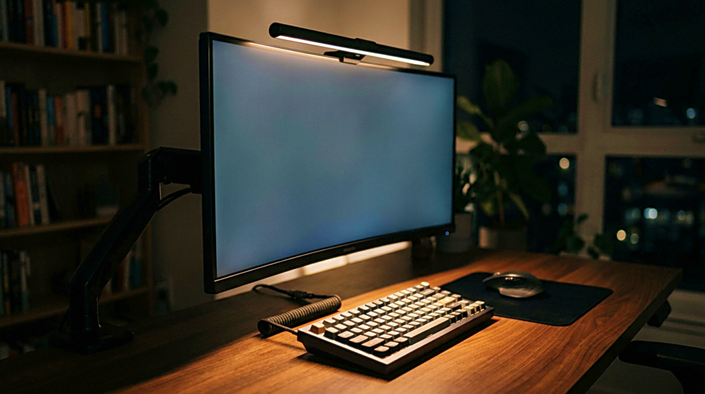 Side view of a monitor light bar directing soft light onto a keyboard without screen glare
