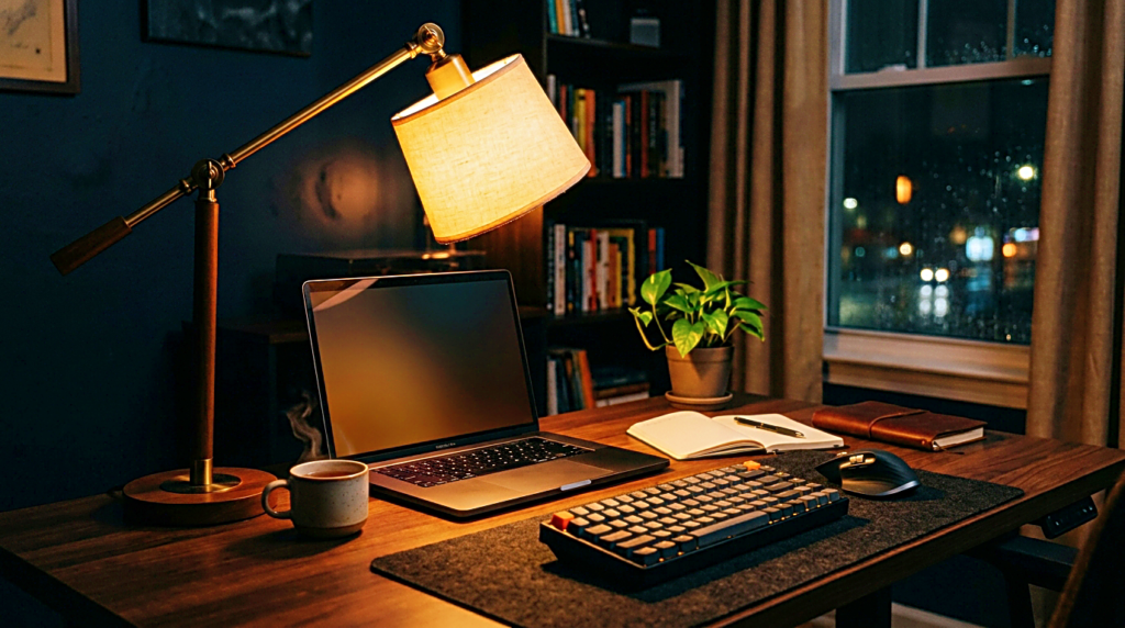 Warm desk lamp on a quiet evening desk setup for focused computer work