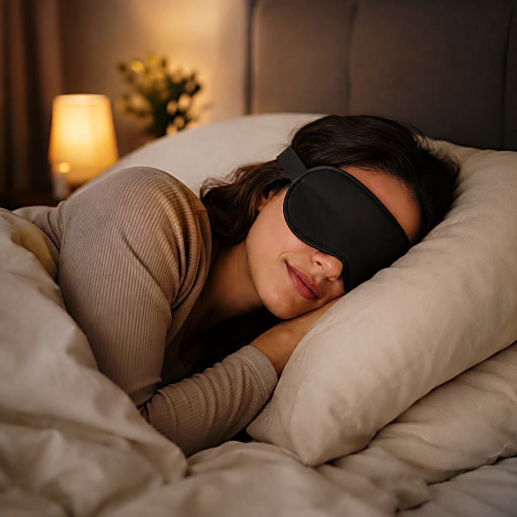 calmsori_Woman sleeping on her side with a sleep mask resting comfortably against the pillow