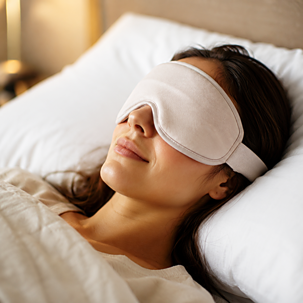 calmsori_Woman wearing a soft sleep mask fitted around the nose and temples while resting in bed