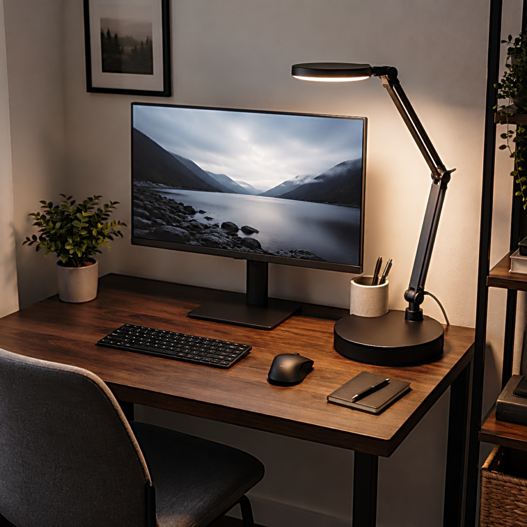 Adjustable LED desk lamp beside a monitor on a compact work desk