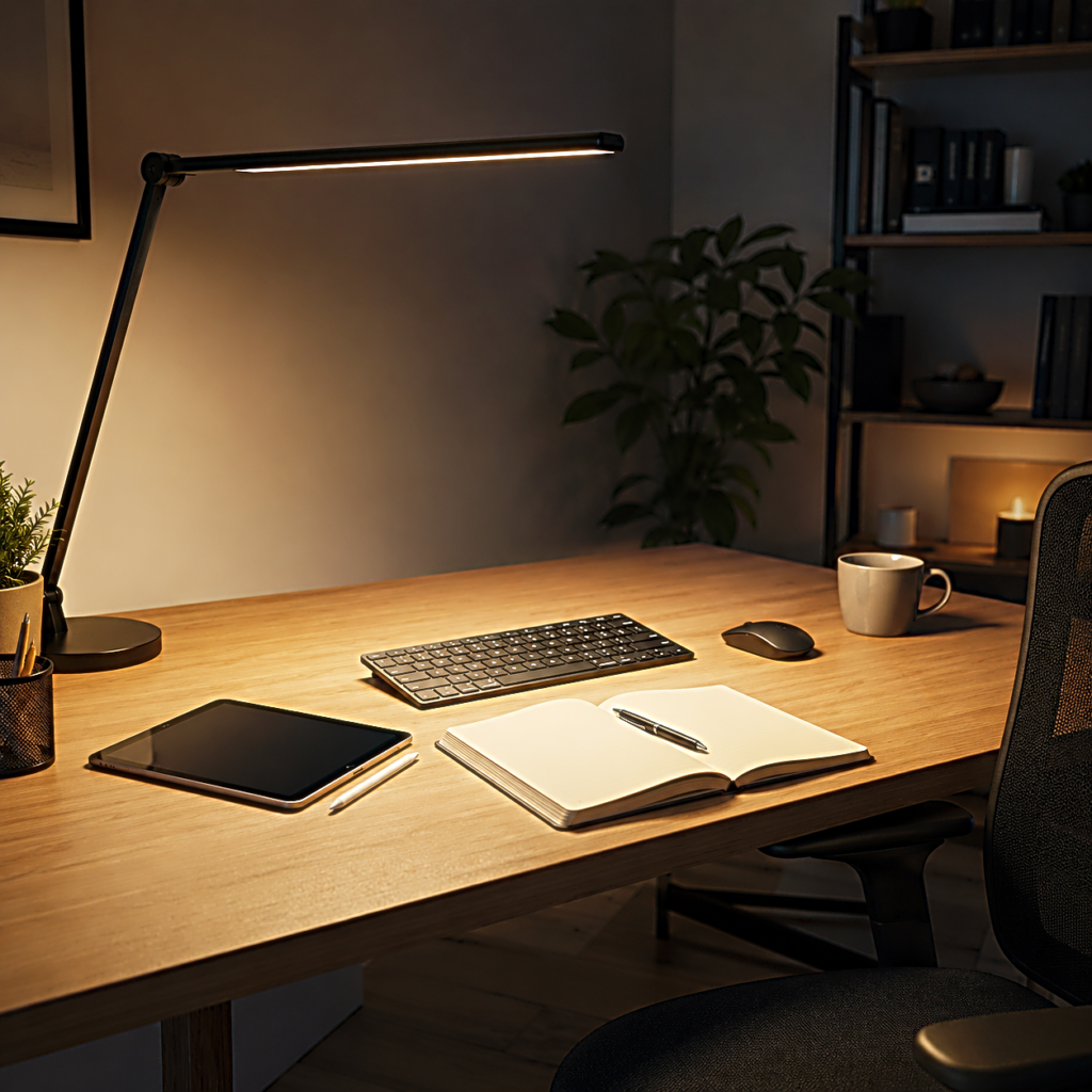 LED desk lamp lighting a keyboard and notebook across a wide work area